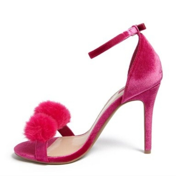 FOREVER 21 Faux Fur Pink Velvet Strappy Heels Pom Pom size 7 - Picture 1 of 13